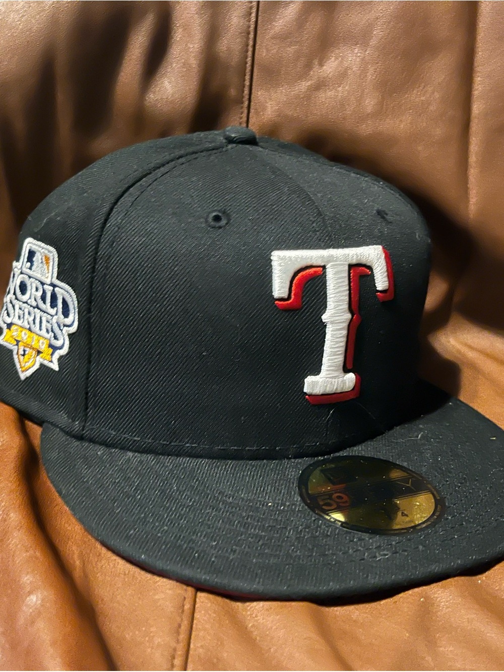 New Era Texas Rangers Black Fitted Hat with White and Red 'T' Logo